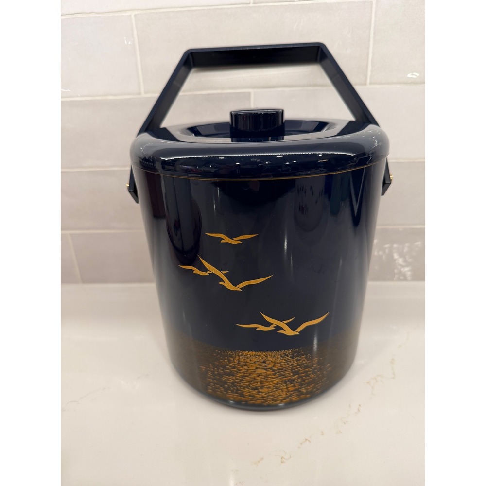 Vintage Otagiri Japan Seagull Ice Bucket Black Gold Lacquer Mid Century Barware